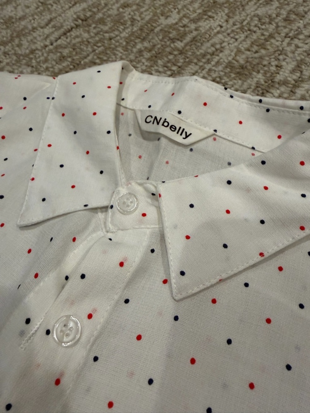 CNbelly White Button-Up Blouse with Red and Navy Polka Dots